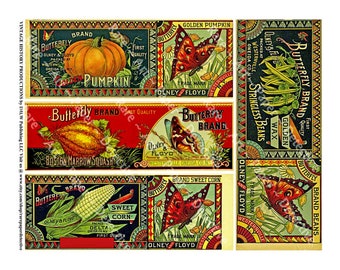 Butterfly Farmhouse Decor Labels, 4 Canning Labels on 1 Sheet, Kitchen Wall Art, Garden Farm Market, Pumpkin, Corn & Squash Collage, #664