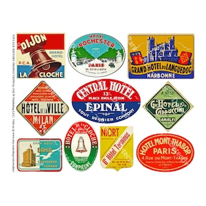52 etiquetas de equipaje, 5 descargas digitales, arte de etiquetas vintage, etiquetas de equipaje de hotel para baúles de vapor, maletas de viaje, diarios basura y álbumes de recortes