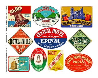 52 Luggage Labels, 5 Digital Downloads, Vintage Label Art, Hotel Baggage Tags for Steam Trunks, Travel Suitcases, Junk Journals & Scrapbooks