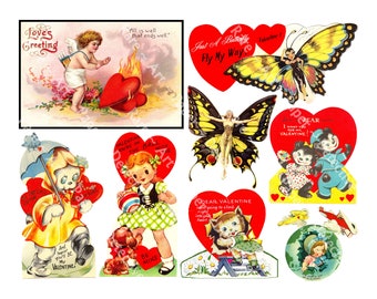 Valentijnsdag kaart maken van afbeeldingen, 8 vintage stijl ouderwetse ansichtkaart illustraties, romantische ephemera digitale DOWNLOAD, 1251