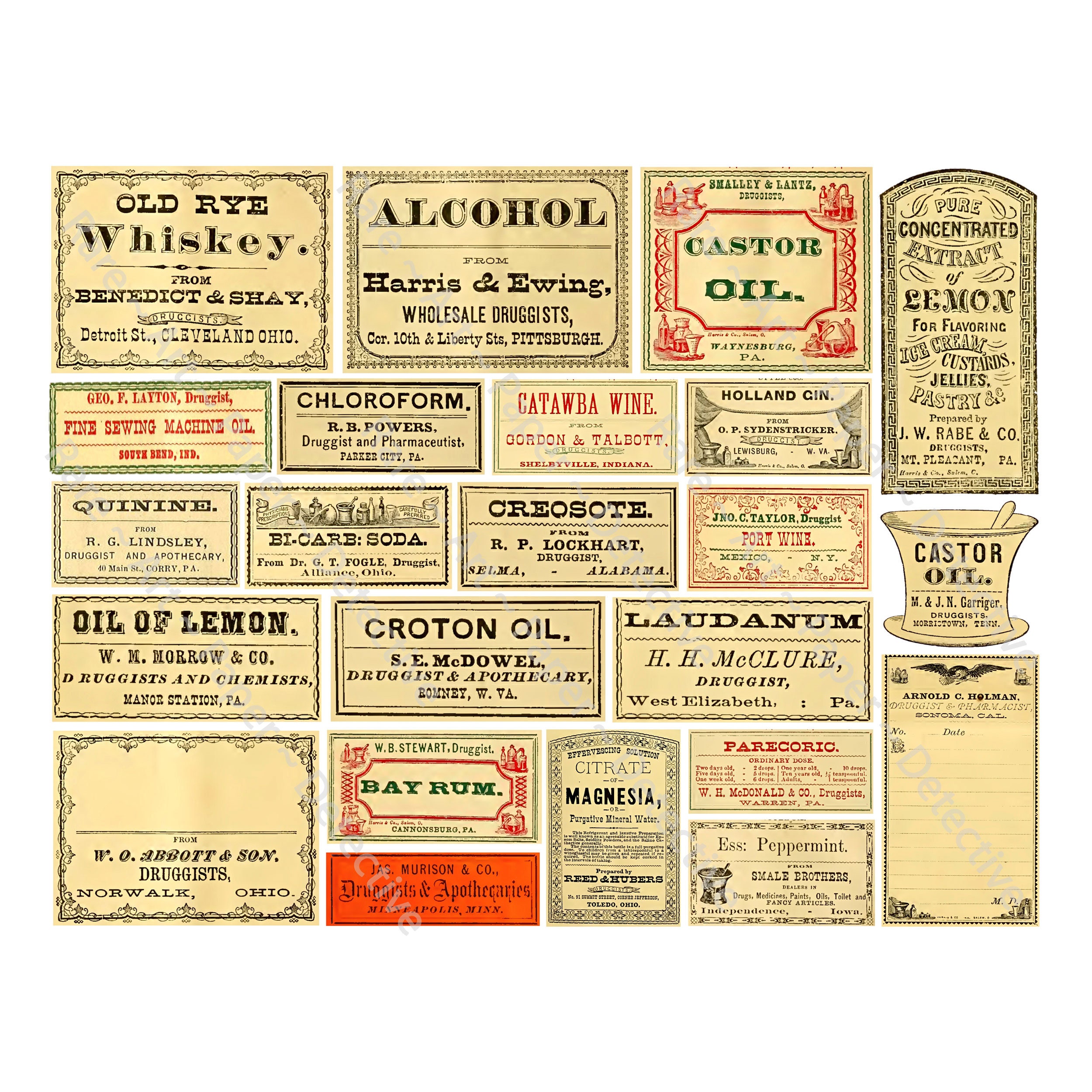 Victorian Apothecary Labels, 23 Medicine Bottle Decals, Pharmacy Tag,  Halloween DIY Labels, Digital Download Sheet, Druggist Decals, 371Q 