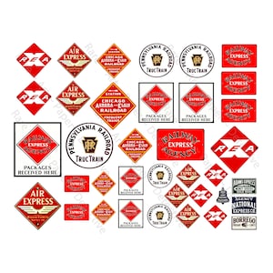 May include: A collection of vintage-style railway and express service decals. The designs feature red and white color schemes with text such as "Railway Express Agency," "Air Express," and "TrucTrain." Various shapes, including diamonds and circles, are used.