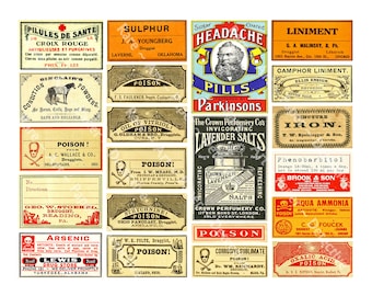 Puede incluir: Un collage de etiquetas de boticario vintage con texto y gráficos. Las etiquetas incluyen "Poison", "Headache Pills" y "Lavender Salts". Las etiquetas son de varios colores, incluyendo naranja, rojo y amarillo, y presentan ilustraciones y fuentes ornamentadas.