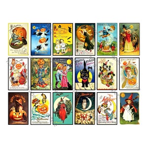 Etiquetas para fiesta de Halloween, Material para álbumes de recortes de Halloween espeluznante, Gatos negros, Arte de collage de brujas, Decoración otoñal, 18 imágenes, 1 hoja digital, 385a