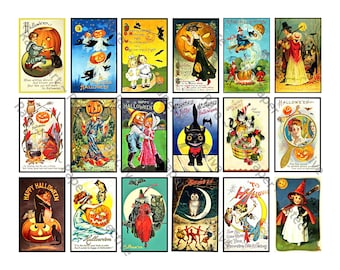 May include: A collection of 16 vintage Halloween postcards featuring illustrations of witches, cats, pumpkins, owls, and other spooky characters. The postcards are in various colors and styles, and some have text that says "Happy Halloween" or "A Jolly Halloween".