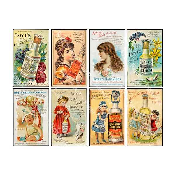 Apothecary Perfume, Cologne & Chemist Bottle Labels, 8 images on 1 digital sheet, Colorful Vintage Bathroom Decoration, 848a