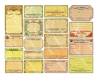 Puede incluir: Una colección de etiquetas de botica vintage con texto en negro, rojo y azul. Las etiquetas están sobre un fondo blanco y presentan varios diseños, incluyendo un mortero y un pilón, una botella y un frasco. Las etiquetas son para boticarios y boticas en varios lugares, incluyendo Nueva York, Indiana, Ohio y Pensilvania.