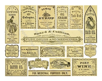 Victorian Apothecary Labels, 23 Medicine Bottle Decals, Pharmacy Tag,  Halloween DIY Labels, Digital Download Sheet, Druggist Decals, 371Q 