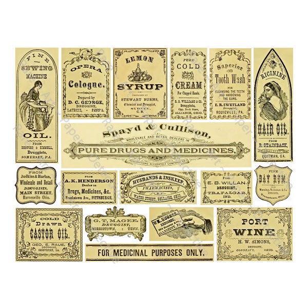 Victorian Apothecary Labels, 17 Pharmacy Medicine Bottle Tag, Medicine Cabinet Bathroom Decor, DIGITAL DOWNLOAD, Halloween & Drug Store, 951