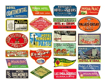 Travel Luggage Label Graphics Set, 23 Pcs Hotel Baggage Tags, Travel Journals, Smash Books, Suitcases & More, Digital Sheet 876