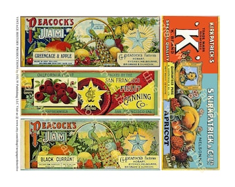 Farmhouse Decor, 4 Canning Label on 1 Sheet, Kitchen Wall Art, Jam Jar Signs, Garden Art, Farm Market, Food Can Label, Kitchen Collage, #665