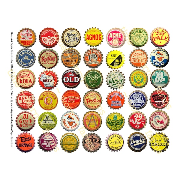 Soda Bottle Caps - Digital Download, 42 Pop Bottle Cap Images, Kitchen Collage Embellishment, Cola Bottle Antique Cap Collection, 243a