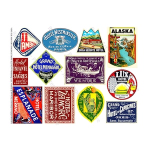 Vintage Label Art, 54 verschiedene Formen, Größen und Farben auf 5 digitalen Downloads, Koffer- und Hotelgepäckanhänger, Goldenes Zeitalter der Reisekunst