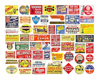 Dollhouse Signs & Model Train Diorama Sign Graphics, 54 Printable Miniature Advertising Illustrations, 1 DIGITAL DOWNLOAD SHEET, 704P