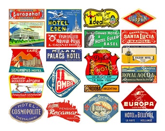 Travel Luggage Label Graphics Set, 20 Pcs Hotel Baggage Tags, Travel Journals, Smash Books, Suitcases & More, Digital Sheet 878