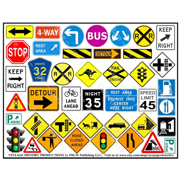 Travel Theme Scrapbook Images of Highway & Roadway Signs for Vacation Journals and Garage Accents, Children's Party Decor Art Paper, 778