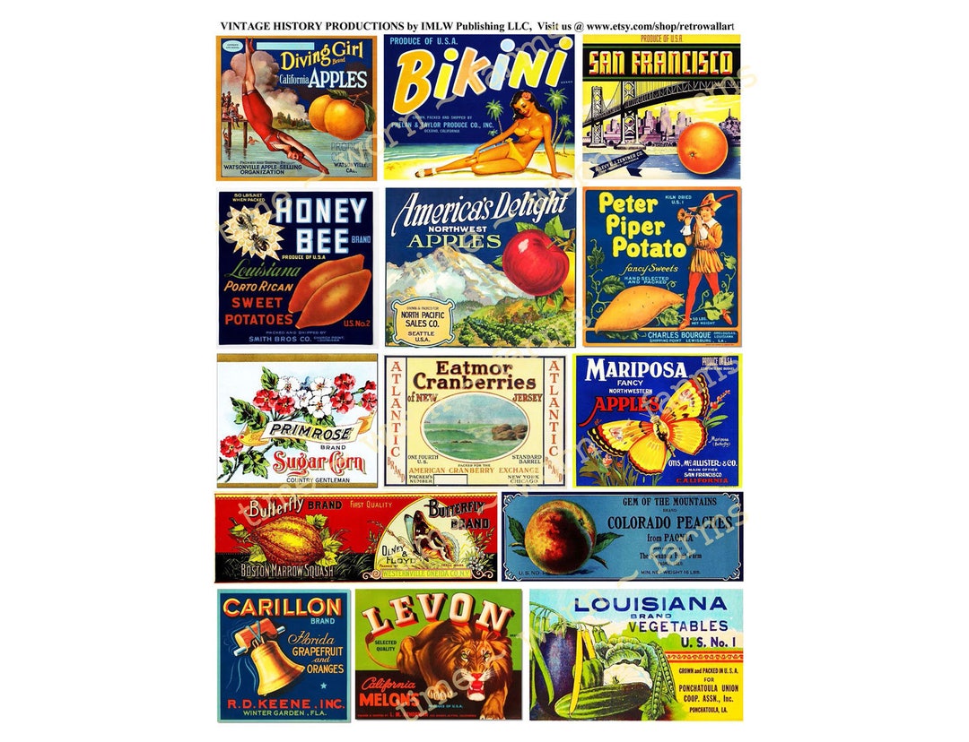 Rustic Kitchen Wall Art Collage, Mini Kitchen Labels, Old Fruit Crate Labels, Vegetable Box Sign