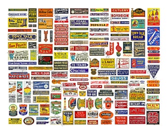 Miniature Sign Graphics for Dollhouses & Model Train Dioramas, 150 PRINTABLE Advertising Sign Illustrations, 1 DIGITAL DOWNLOAD Sheet, 985