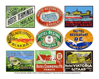 Travel Scrapbook & Journal Labels, Hotel Luggage Labels and Baggage Tag, Mixed Media Collage Images, Suitcase Accents, Digital Set 724