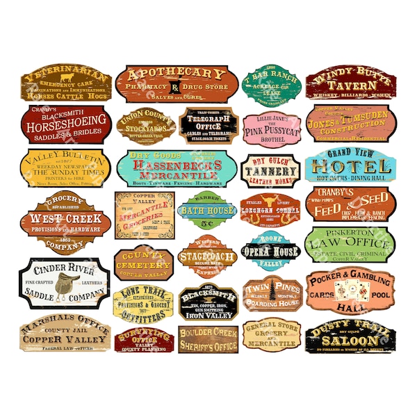 Old West Frontier Town Signs Cowboy Diorama Model Railroad & Dollhouse Signs, Trains, 32 Multi Scale Hobby Images, INSTANT DOWNLOAD, 1298