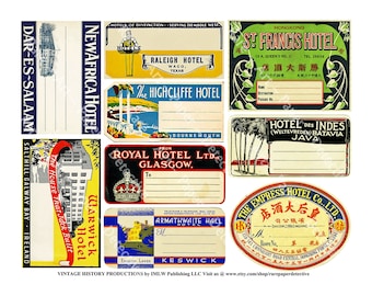 53 Luggage Labels, 5 Digital Downloads, Vintage Label Art, Hotel Baggage Tags including Blank Labels to Write on for Junk Journals & Trunks