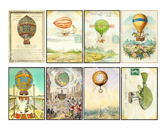 Antique Hot Air Balloon Illustrations, 8 Printable Home Décor Project Images, Gardening Journals & Gift Making, DIGITAL DOWNLOAD Sheet, 1147