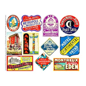 54 étiquettes de valise, 5 téléchargements numériques, étiquette d'art vintage, étiquettes de bagage d'hôtel pour coffres à vapeur, bagages de voyage, journaux indésirables et albums de scrapbooking