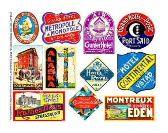 54 Suitcase Labels, 5 Digital Downloads, Vintage Label Art, Hotel Luggage Tags for Steam Trunks, Travel Baggage, Junk Journals & Scrapbooks