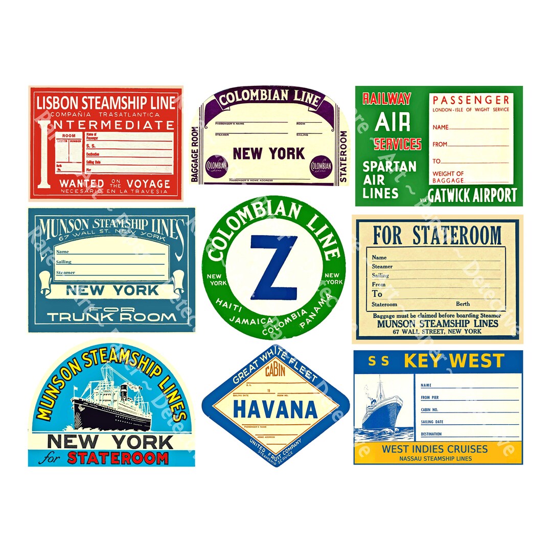 Steamship Trunk Labels, 9 Baggage Tag Decals for Travel Trunks ...