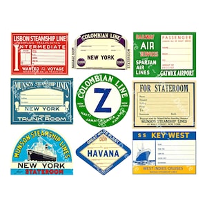 Etiquetas de porta-malas de navio a vapor, 9 decalques de etiqueta de bagagem para malas de viagem, malas, diários de viagem e decoração de arte de etiqueta de bagagem vintage, conjunto digital 896