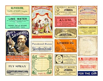 Puede incluir: Un collage de etiquetas de boticario vintage con nombres como "Glycerine", "Lime Water" y "Ayer's Sarsaparilla". Las etiquetas muestran texto e ilustraciones, incluyendo advertencias para "Ácido Nítrico" y "Veneno para chinches".