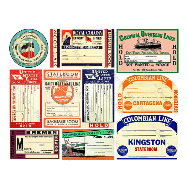 Steamship Trunk Labels, 13 Baggage Tags for Travel Trunks, Suitcases, Trip Journals & Vintage Luggage Label Art Décor, DIGITAL DOWNLOAD, 857