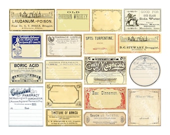 Apothecary bottle labels, Antique medicine & pharmacy graphics, 18 labels on 1 digital sheet, Vintage bathroom decorations, Druggist Art 448