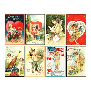 Valentijnsdagkaartafbeeldingen, 8 vintage stijl ouderwetse ansichtkaartillustraties, elk 4 x 2,5 inch, romantische ephemera DIGITALE DOWNLOAD, 1063