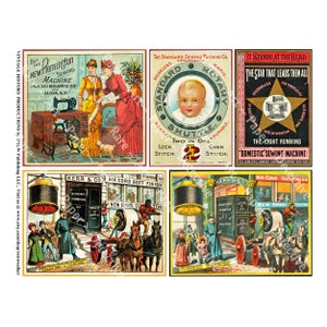 Näh-Dekoration, 5 Nähmaschine & Baumwollfadenspule Werbung Trade Cards, Elegantes Studio-Kunst aus der Viktorianischen Ära, digitales Blatt 601