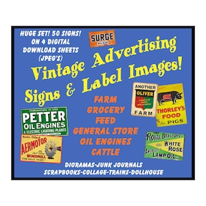 Vintage Advertising Signs, 4 DIGITAL DOWNLOAD Sheets, General Store Signage, 50 Colorful Dollhouse, Diorama and Model Railroad Signs, PACK29