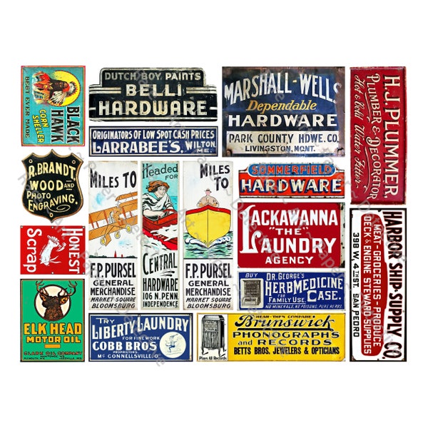 Vintage Advertising Signs DIGITAL DOWNLOAD Sheet, General Store Ads & Signage, Colorful Rusty Metal Sign Style Stickers, Diorama Decal, 742N