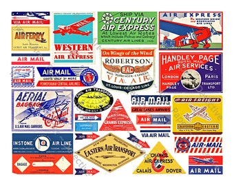 May include: A collection of vintage airline and airmail labels and stickers. The labels feature various airline names, logos, and slogans, including "Century Air Express", "Robertson Via Air", "Handley Page Royal Mail Air Services", "Great Lakes Airways", "Eastern Air Transport", and "Channel Air Express".