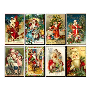 Ilustraciones de postales navideñas, HOJA DIGITAL de 8 imágenes victorianas antiguas, 4" x 2,5" cada una, Papá Noel y saludos navideños, 1044