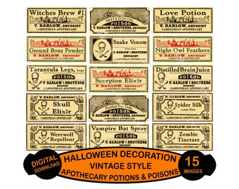15 Halloween Potion Labels and Monster Apothecary Labels Antique Halloween Decorations for Apothecary Cabinets, Instant Download, 1119