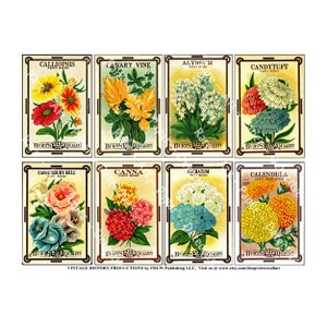 Flower Seed Pack Art Paper Tags INSTANT DOWNLOAD Antique Seed Catalog Cover Art Gardening Gift Journal Kitchen Decoration Gift for Her, 625