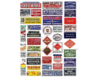 Miniature Sign Graphics for Dollhouses & Model Train Dioramas, 38 PRINTABLE Advertising Sign Illustrations, 1 DIGITAL DOWNLOAD Sheet, 998