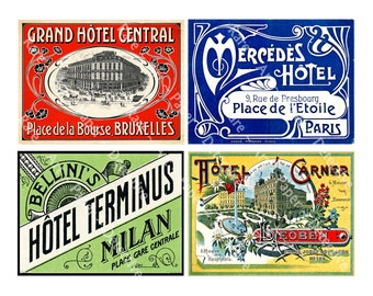 Hotel Luggage Labels, 4 DIGITAL DOWNLOAD Labels on 1 JPEG, Each label is 5" x 3.75", Steam Trunks & Hotel Suitcase Decals, 1098