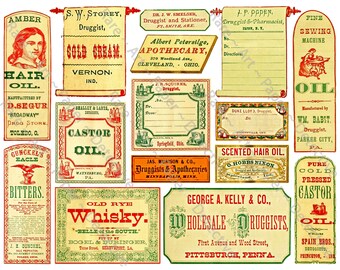 Apothecary Labels, 15 Antique Medicine Bottle Decals, Bathroom Medicine Cabinet, Halloween Labels, DIGITAL DOWNLOAD Drug Store Sheet, 757