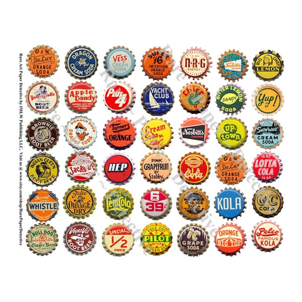 Soda Bottle Caps - Digital Download, 42 Pop Bottle Cap Images, Kitchen Collage Embellishment, Cola Bottle Antique Cap Collection, 242a