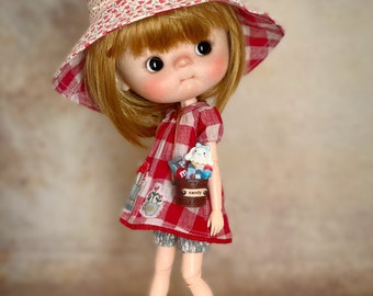 Blythe red plaid dress, special doll clothes, bomber and shirt set for blythe, reversible hat for Obitsu22, blythe red outfit