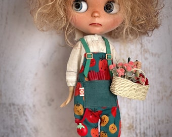 Special outfit for blythe,cute tomato set for doll,shirt,overalls,scarf,dog clogs,watering can, gloves,scissors Blythe,doll handmade clothes