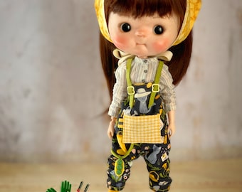 Special outfit for blythe,cute farmer set for doll,shirt,overalls,scarf,dog clogs,watering can, gloves,scissors Blythe,doll handmade clothes