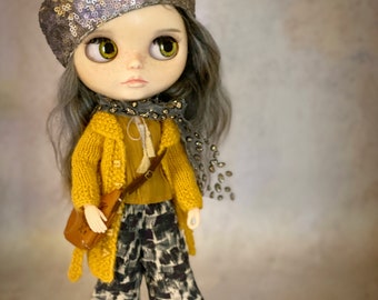 Boho Blythe Misanita set composed of viscose pants, shirt, beret and wool coat, outfit for dolls, fashion outfit for Blythe, alpaca Blythe coat