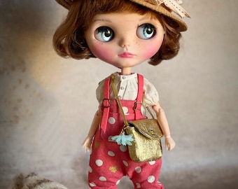 Cute Blythe set composed by a linen shirt and Japanese cotton overall, little bag for doll, Azone, Obitsu22, Jacoosun Rou, Qbaby, Diandian